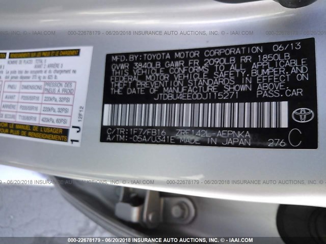 JTDBU4EE0DJ115271 - 2013 TOYOTA COROLLA S/LE SILVER photo 9