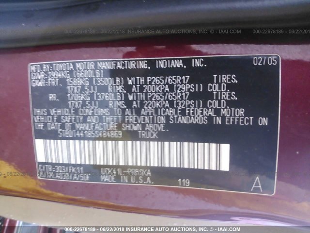 5TBDT44185S484869 - 2005 TOYOTA TUNDRA DOUBLE CAB SR5 BURGUNDY photo 9