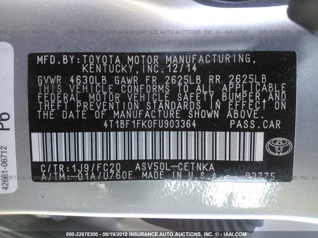 4T1BF1FK0FU903364 - 2015 TOYOTA CAMRY LE/XLE/SE/XSE 银色 照片 9