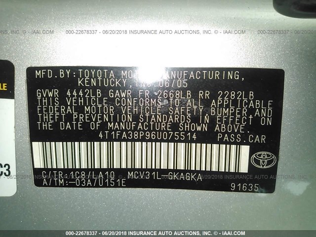 4T1FA38P96U075514 - 2006 TOYOTA CAMRY SOLARA SE/SLE 锡色 照片 9