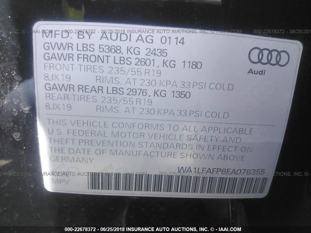 WA1LFAFP6EA076355 - 2014 AUDI Q5 PREMIUM PLUS BLACK photo 9