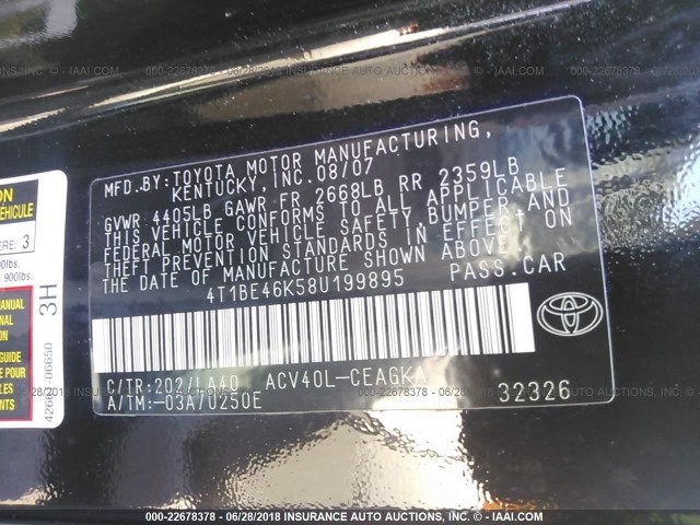 4T1BE46K58U199895 - 2008 TOYOTA CAMRY CE/LE/XLE/SE BLACK photo 9