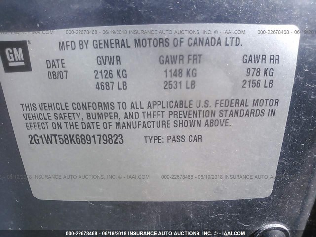 2G1WT58K689179823 - 2008 CHEVROLET IMPALA LT GRAY photo 9