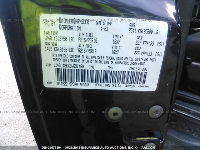 1J4GL48KX3W691469 - 2003 JEEP LIBERTY SPORT/FREEDOM შავი ფოტო 9