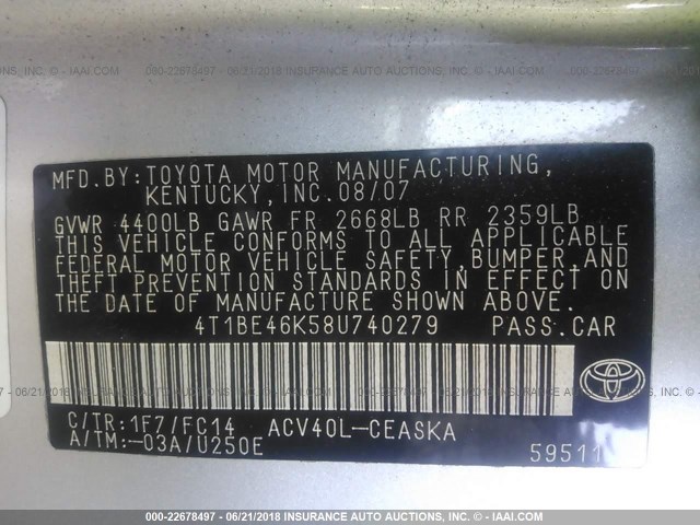 4T1BE46K58U740279 - 2008 TOYOTA CAMRY CE/LE/XLE/SE SILVER photo 9