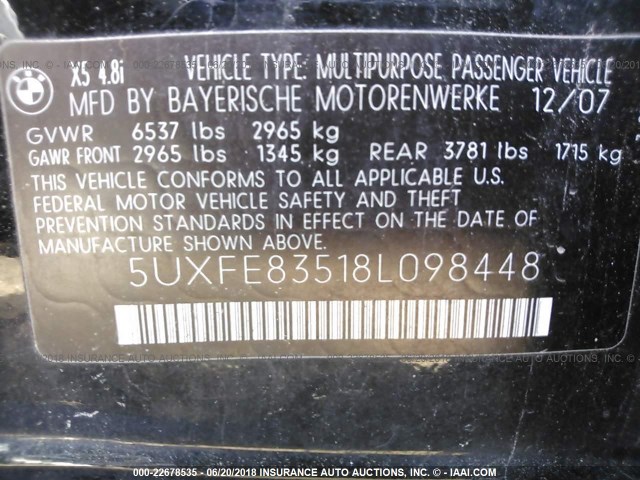 5UXFE83518L098448 - 2008 BMW X5 4.8I BLACK photo 9