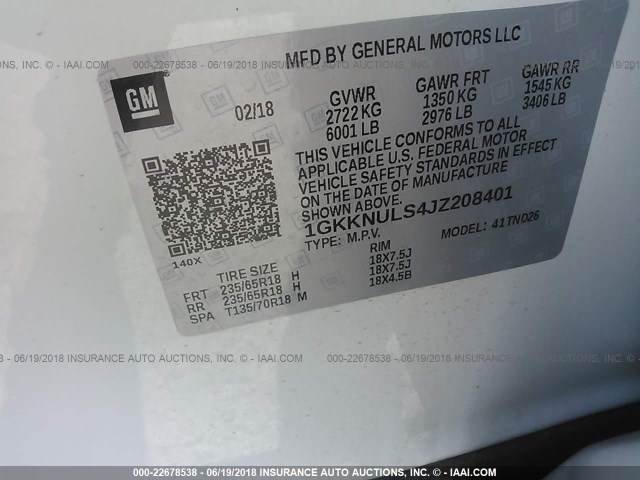 1GKKNULS4JZ208401 - 2018 GMC ACADIA SLT-1 WHITE photo 9