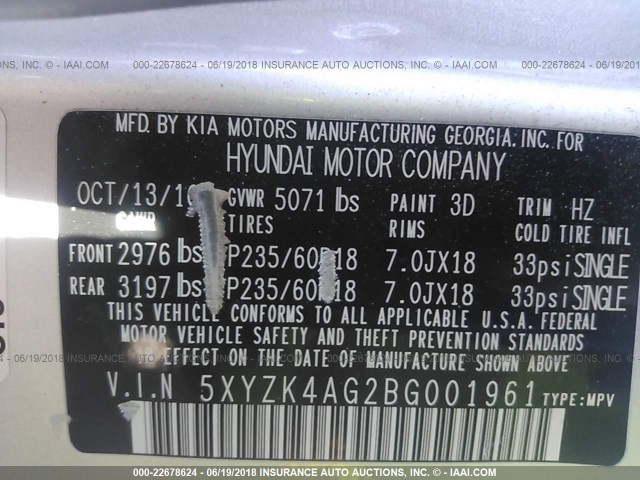 5XYZK4AG2BG001961 - 2011 HYUNDAI SANTA FE LIMITED SILVER photo 9