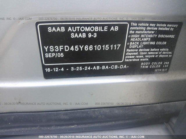 YS3FD45Y661015117 - 2006 SAAB 9-3 SILVER photo 9