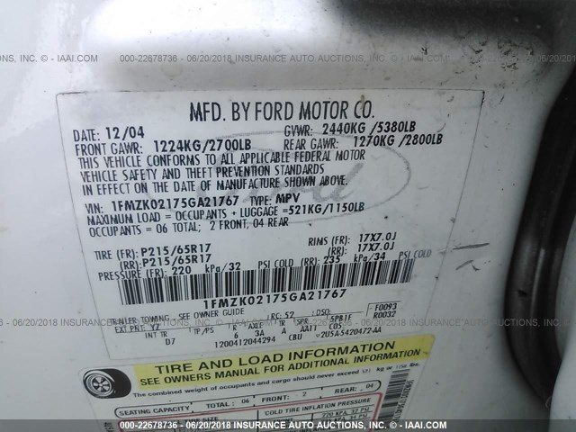 1FMZK02175GA21767 - 2005 FORD FREESTYLE SEL WHITE photo 9