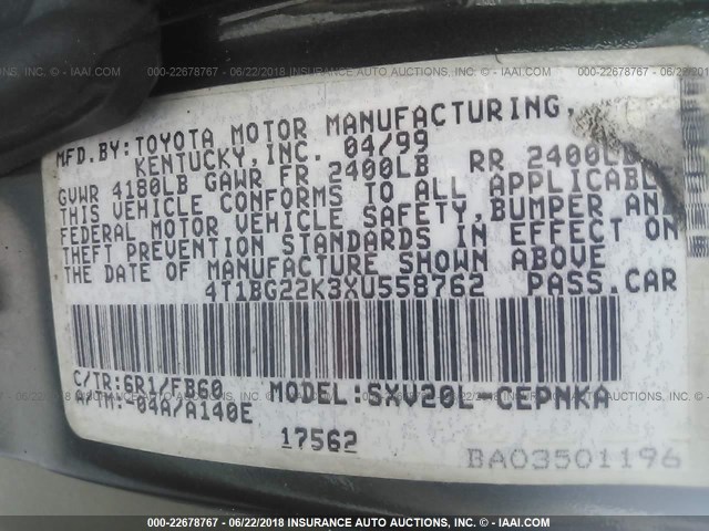 4T1BG22K3XU558762 - 1999 TOYOTA CAMRY CE/LE/XLE GREEN photo 9