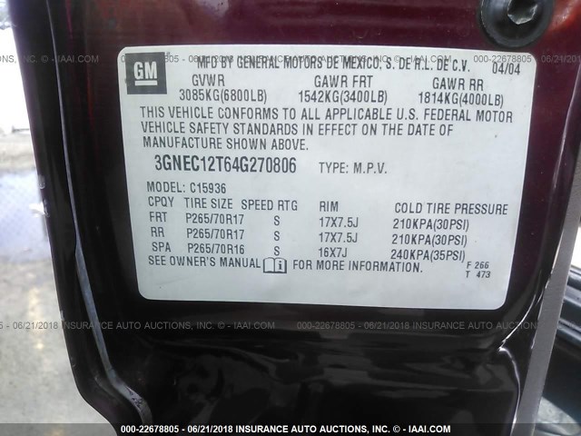 3GNEC12T64G270806 - 2004 CHEVROLET AVALANCHE C1500 BURGUNDY photo 9