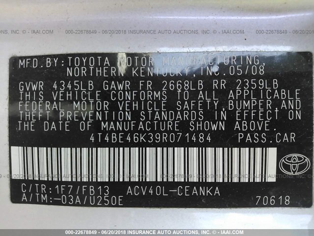 4T4BE46K39R071484 - 2009 TOYOTA CAMRY SE/LE/XLE 银色 照片 9