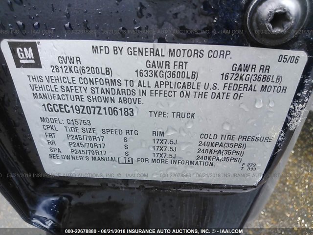 1GCEC19Z07Z106183 - 2007 CHEVROLET SILVERADO C1500 CLASSIC Dark Blue photo 9