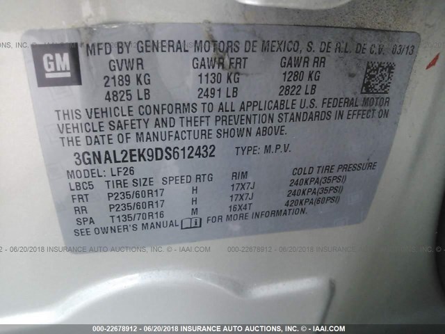 3GNAL2EK9DS612432 - 2013 CHEVROLET CAPTIVA LS 棕色 照片 9