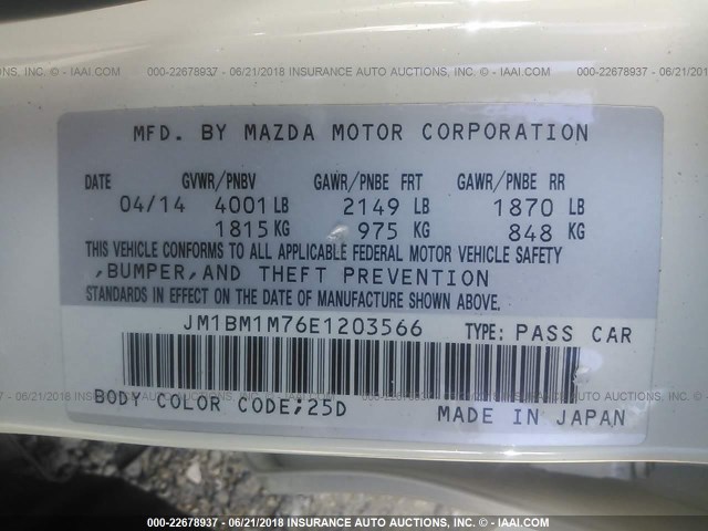 JM1BM1M76E1203566 - 2014 MAZDA 3 GRAND TOURING WHITE photo 9