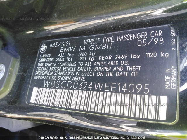 WBSCD0324WEE14095 - 1998 BMW M3 AUTOMATIC BLACK photo 9