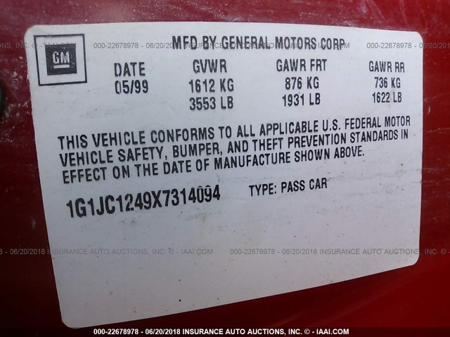 1G1JC1249X7314094 - 1999 CHEVROLET CAVALIER RS RED photo 9