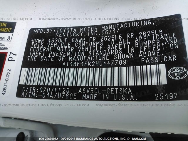 4T1BF1FK2HU447709 - 2017 TOYOTA CAMRY LE/XLE/SE/XSE WHITE photo 9