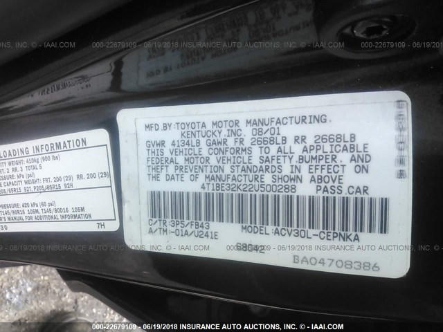 4T1BE32K22U500288 - 2002 TOYOTA CAMRY LE/XLE/SE იასამნისფერი ფოტო 9