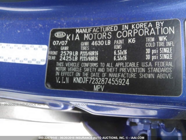 KNDJF723287455924 - 2008 KIA SPORTAGE EX/LX BLUE photo 9