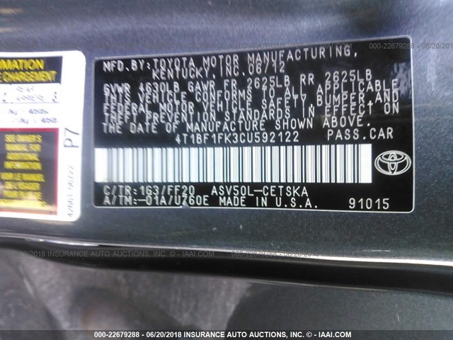 4T1BF1FK3CU592122 - 2012 TOYOTA CAMRY SE/LE/XLE შავი ფოტო 9