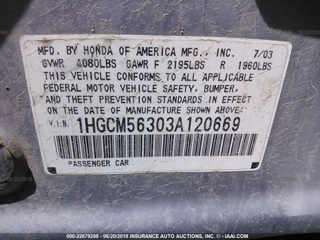 1HGCM56303A120669 - 2003 HONDA ACCORD LX SILVER photo 9