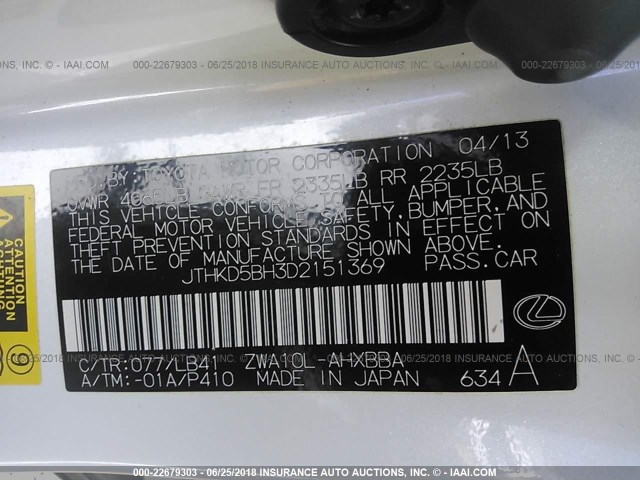 JTHKD5BH3D2151369 - 2013 LEXUS CT 200 WHITE photo 9