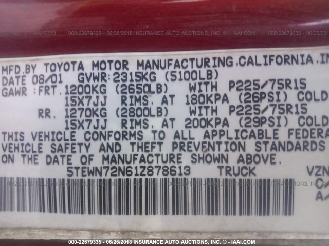 5TEWN72N61Z878613 - 2001 TOYOTA TACOMA XTRACAB RED photo 9