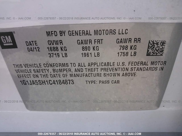 1G1JA5SH1C4184873 - 2012 CHEVROLET SONIC LS WHITE photo 9