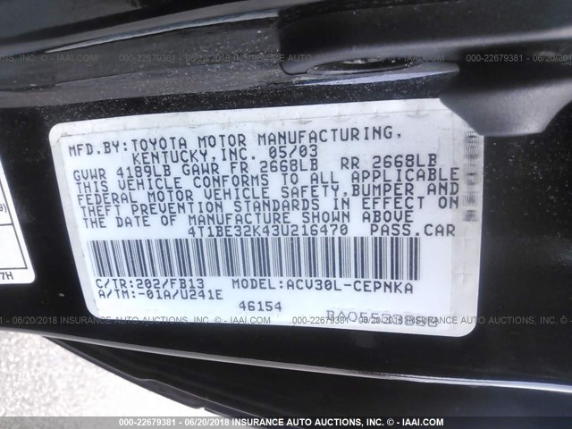 4T1BE32K43U216470 - 2003 TOYOTA CAMRY LE/XLE/SE შავი ფოტო 9