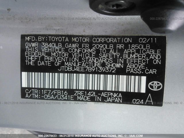 JTDBU4EE7B9139372 - 2011 TOYOTA COROLLA S/LE SILVER photo 9