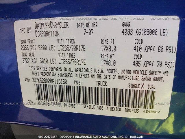 3D7KS28A28G115160 - 2008 DODGE RAM 2500 ST/SLT 蓝色 照片 9