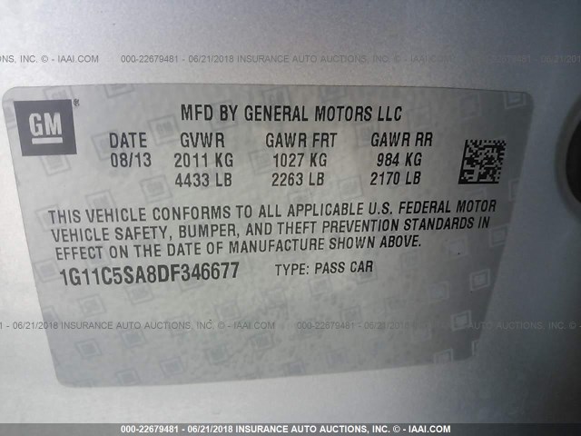 1G11C5SA8DF346677 - 2013 CHEVROLET MALIBU 1LT 银色 照片 9