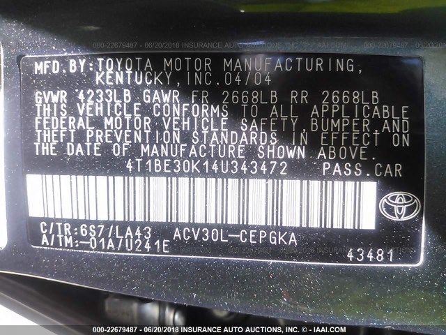 4T1BE30K14U343472 - 2004 TOYOTA CAMRY LE/XLE/SE 灰色 照片 9