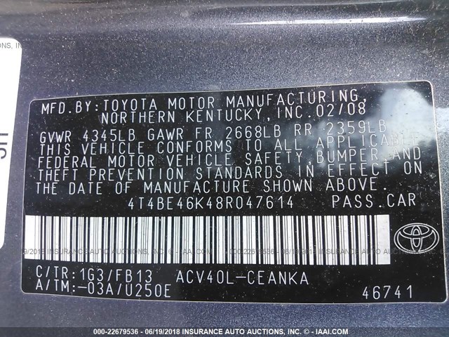 4T4BE46K48R047614 - 2008 TOYOTA CAMRY CE/LE/XLE/SE GRAY photo 9