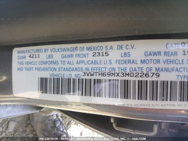 3VWTH69MX3M022679 - 2003 VOLKSWAGEN JETTA GLX GRAY photo 9