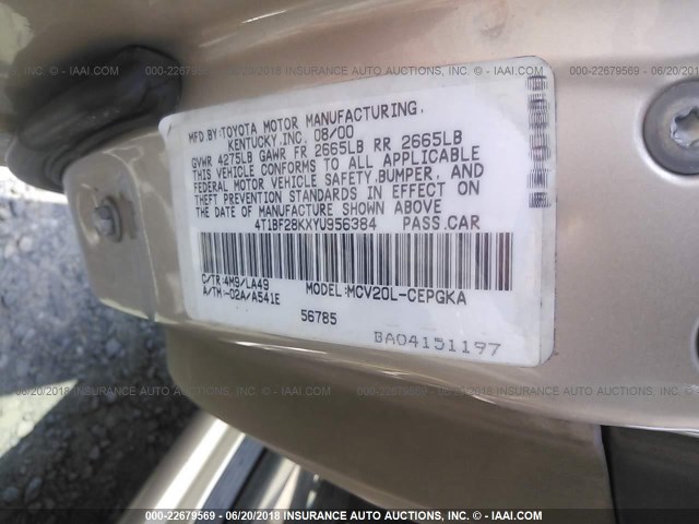4T1BF28KXYU956384 - 2000 TOYOTA CAMRY LE/XLE BEIGE photo 9