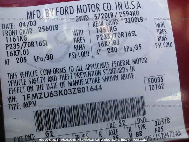 1FMZU63K03ZB01644 - 2003 FORD EXPLORER XLT/XLT SPORT/NBX 红色 照片 9