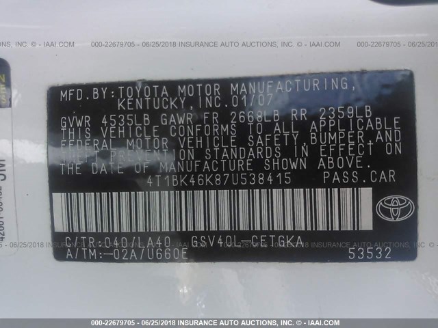 4T1BK46K87U538415 - 2007 TOYOTA CAMRY NEW GENERAT LE/XLE/SE WHITE photo 9