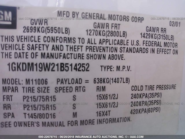 1GKDM19W21B514252 - 2001 GMC SAFARI XT WHITE photo 9