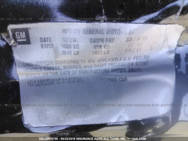 1G1JB5SH1C4149649 - 2012 CHEVROLET SONIC LS შავი ფოტო 9