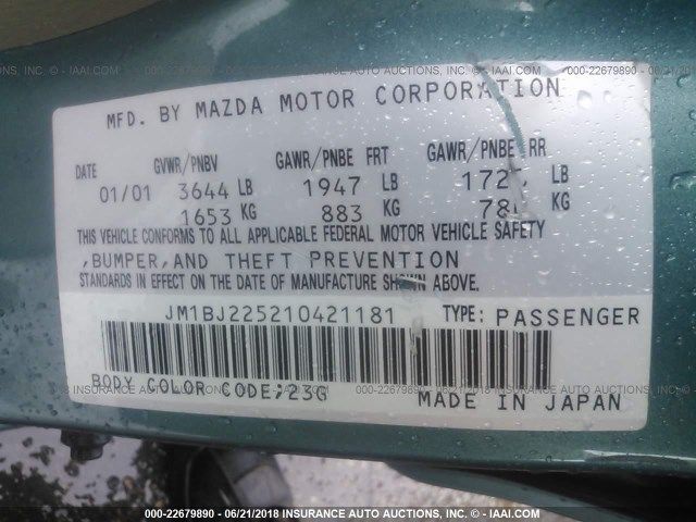 JM1BJ225210421181 - 2001 MAZDA PROTEGE LX/ES ტალღისფერი ფოტო 9