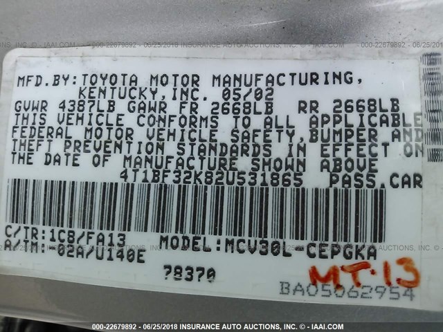 4T1BF32K82U531865 - 2002 TOYOTA CAMRY LE/XLE/SE ვერცხლისფერი ფოტო 9