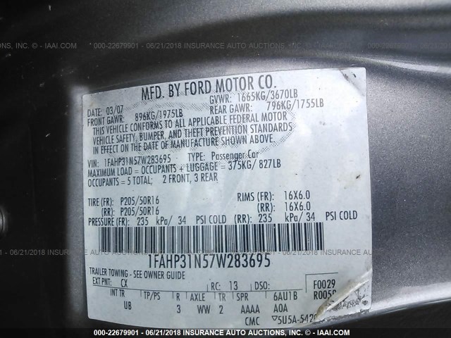 1FAHP31N57W283695 - 2007 FORD FOCUS ZX3/S/SE/SES GRAY photo 9