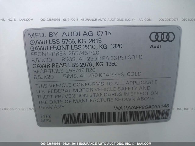 WA1VVAFP8GA033148 - 2016 AUDI Q5 TDI/PRESTIGE Ağ foto 9