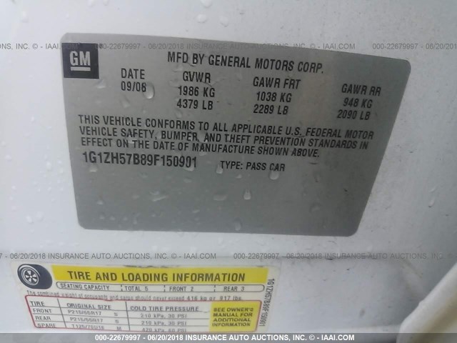 1G1ZH57B89F150901 - 2009 CHEVROLET MALIBU 1LT 白色 照片 9