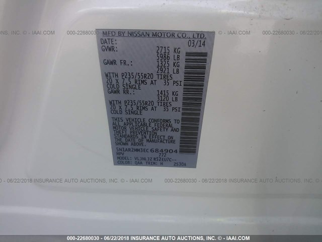 5N1AR2MM3EC684904 - 2014 NISSAN PATHFINDER S/SV/SL/PLATINUM 白色 照片 9