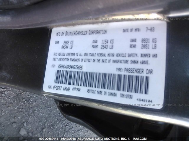 2B3HD46R94H678026 - 2004 DODGE INTREPID SE GRAY photo 9