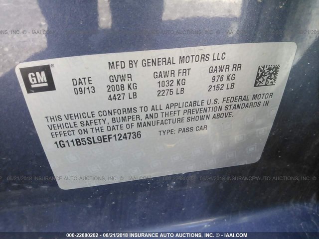 1G11B5SL9EF124736 - 2014 CHEVROLET MALIBU LS ლურჯი ფოტო 9